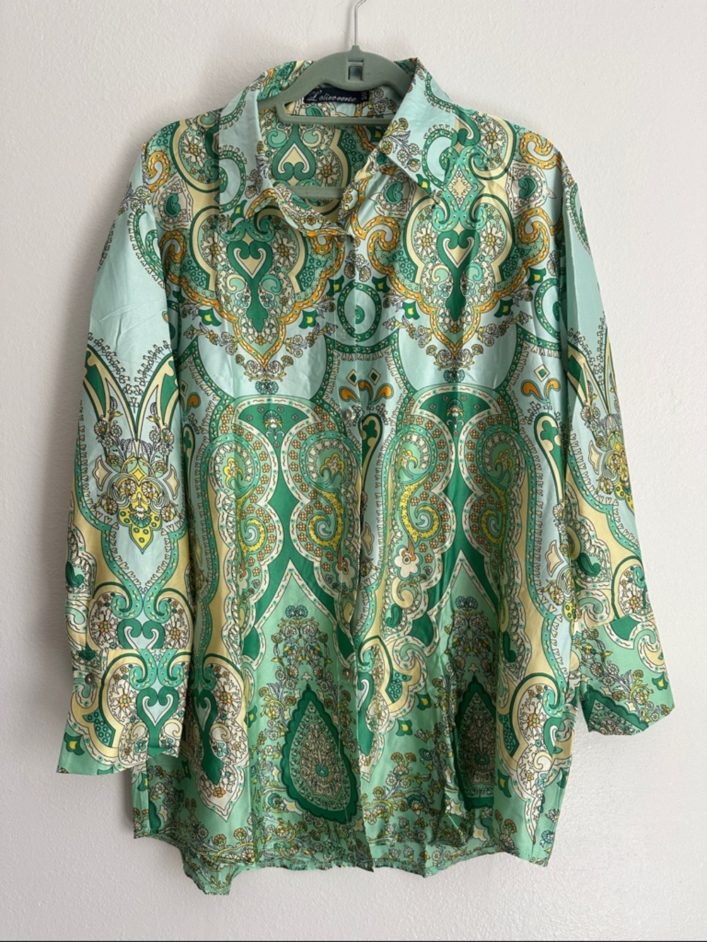 Light Green Paisley silk Button-Up Blouse